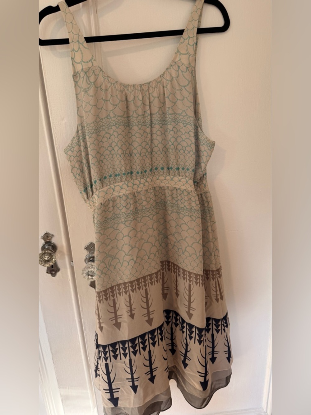 Women's Cream Patterned Sundress with Teal and Navy Accents Vena Cava